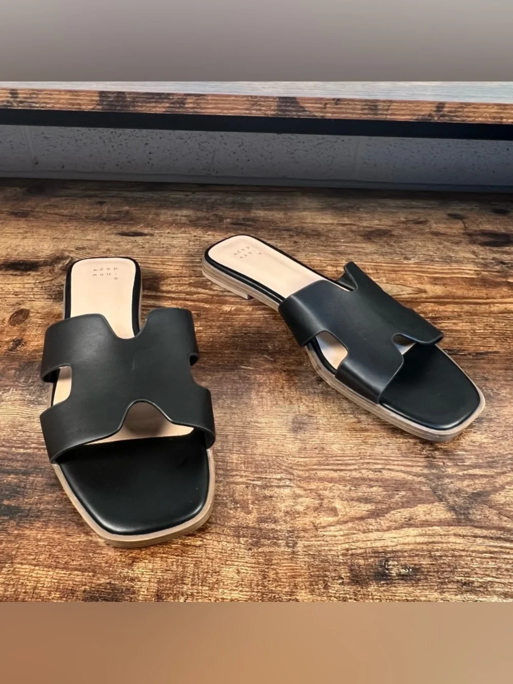 A New Day Sandals Slides Black Faux Leather Slip On Women's 8.5